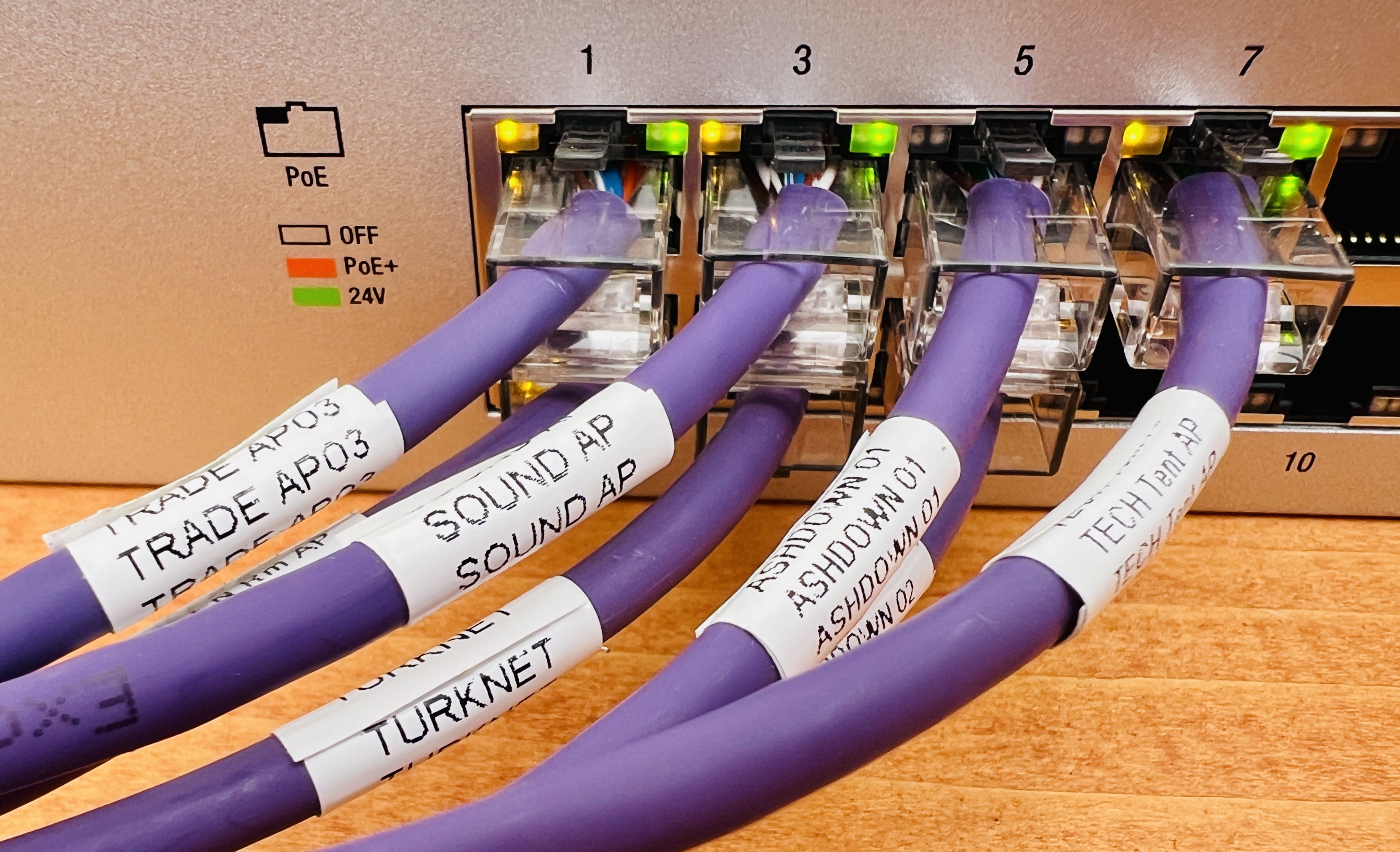 Patch panel at Chiddfest with each cable labelled by service — TRADE AP, SOUND AP, TURKNET, ASHDOWN, TECH TENT AP