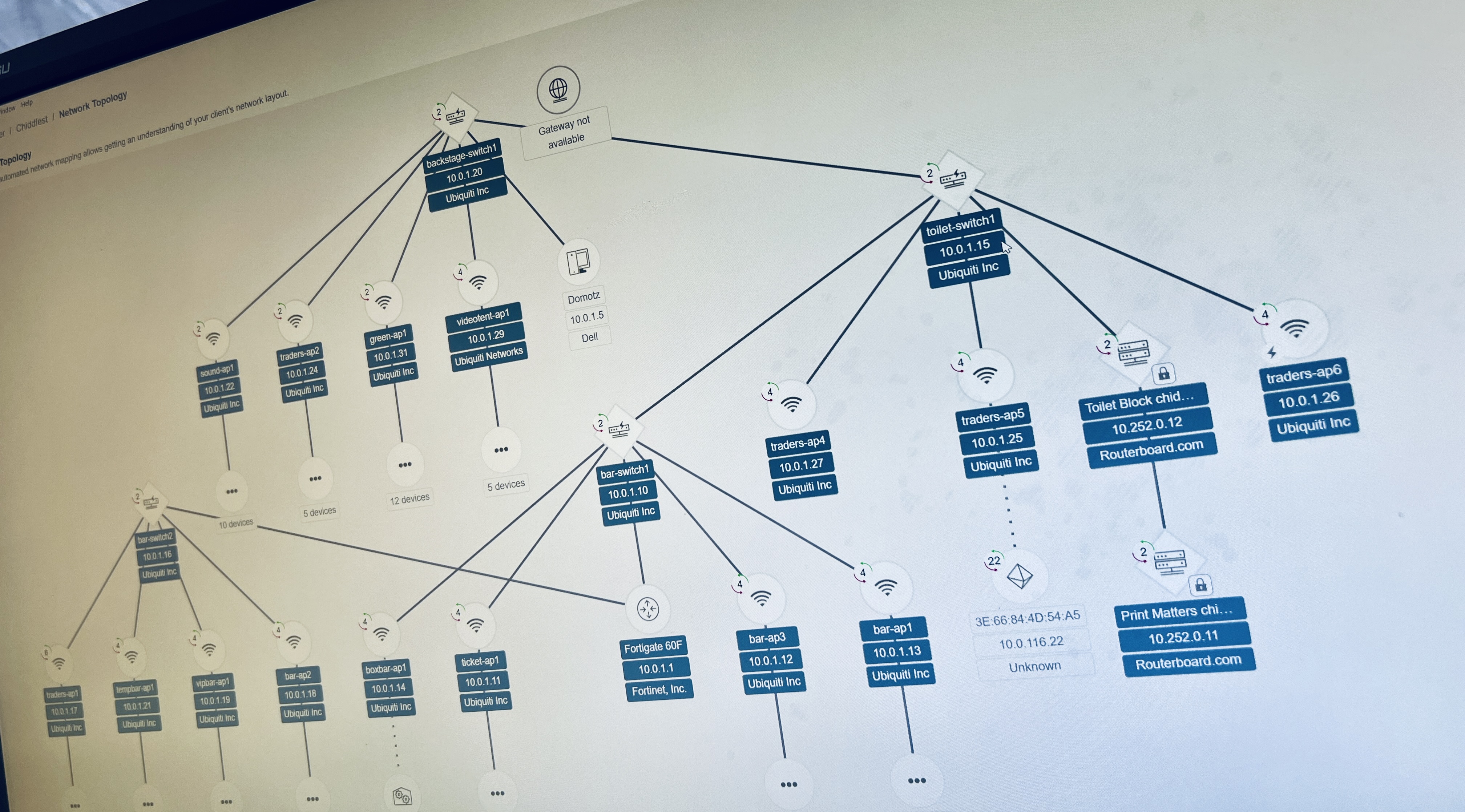 Live network topology view at Chiddfest — switches, access points, Fortigate firewall and trader devices mapped out in real time