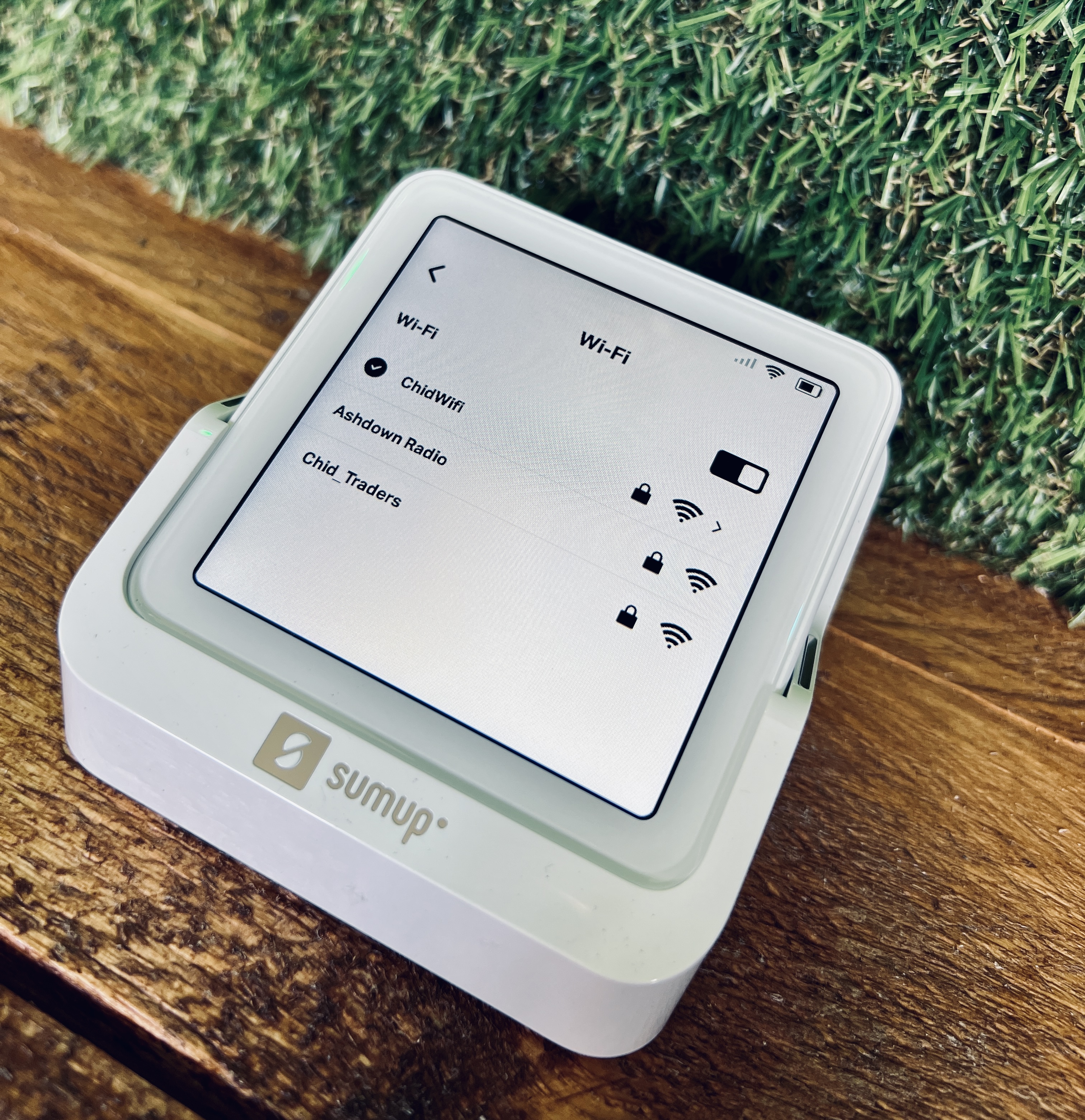 A trader's SumUp card terminal at Chiddfest showing the festival Wi-Fi networks — ChidWifi, Ashdown Radio, Child Traders