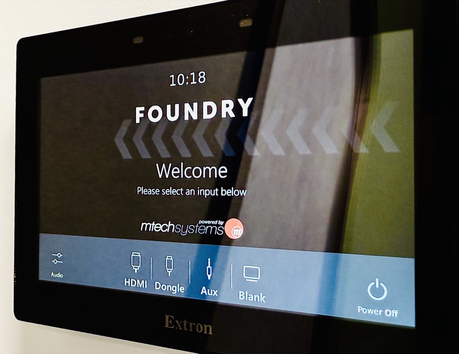 FOUNDRY meeting-room control panel — Extron-driven, custom client-branded touch interface, powered by mtechsystems