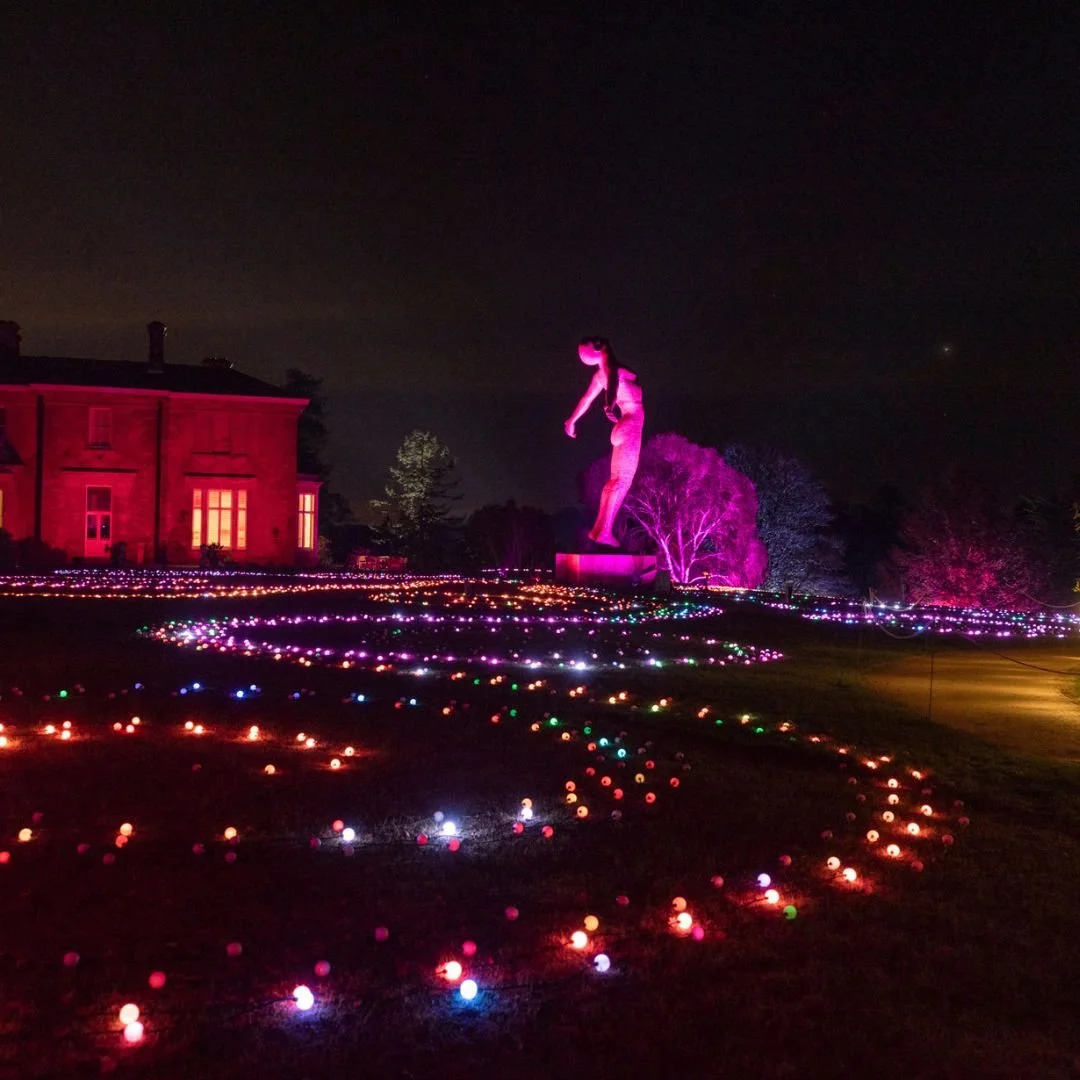 Thousands of colour-changing light orbs flowing in patterns across the lawn at Leonardslee, the house and a statue uplit beyond