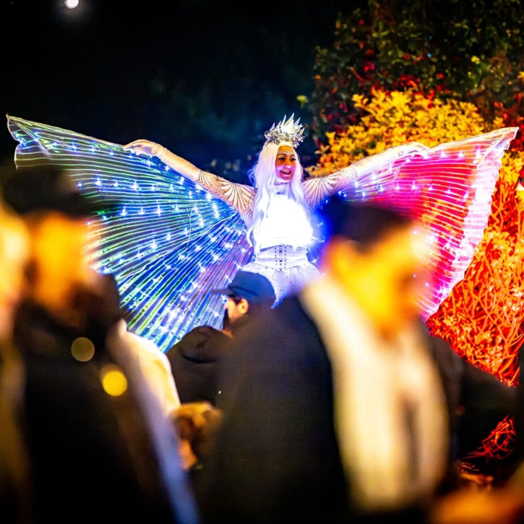 A performer in an illuminated LED wing costume among visitors on the Leonardslee Lights trail